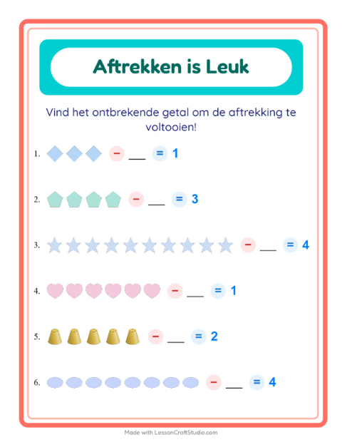 Voorbeeld van het Aftrekken-werkblad met Vormen voor kleuterklas