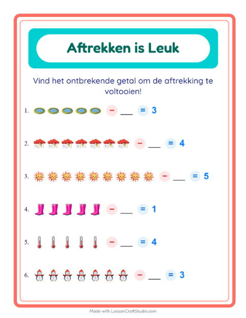 Voorbeeld van het Aftrekken-werkblad met Weer voor kleuterklas