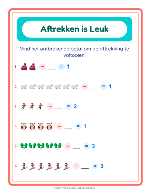 Voorbeeld van het Aftrekken-werkblad met Winter voor kleuterklas