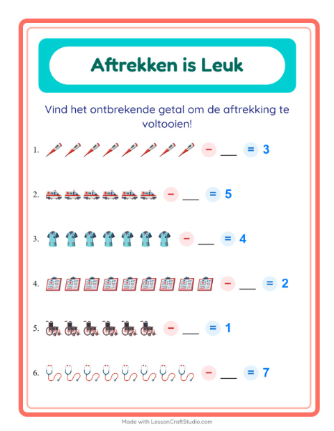 Voorbeeld van het Aftrekken-werkblad met Ziekenhuis voor kleuterklas