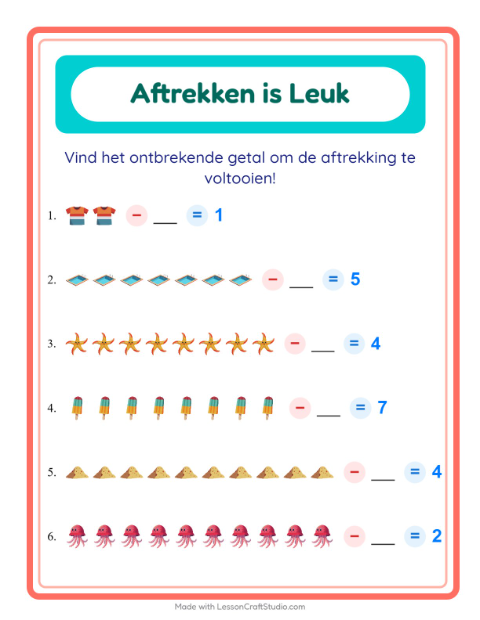 Voorbeeld van het Aftrekken-werkblad met Zomer voor kleuterklas