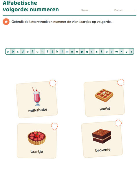 Voorbeeld van het Alfabetische volgorde-werkblad met Desserts en snoep voor groep 3