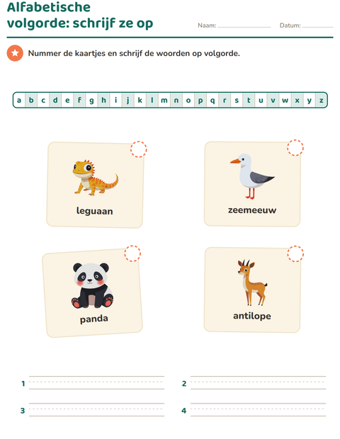 Voorbeeld van het Alfabetische volgorde-werkblad met Dieren voor groep 3