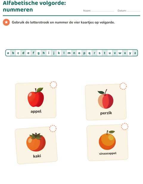 Alfabetische volgorde: vier kaartjes nummeren met de letterstrook