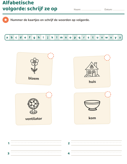 Voorbeeld van het Alfabetische volgorde-werkblad met Huis en Natuur ZW voor groep 3