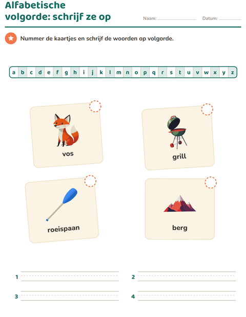 Voorbeeld van het Alfabetische volgorde-werkblad met Kamperen voor groep 3