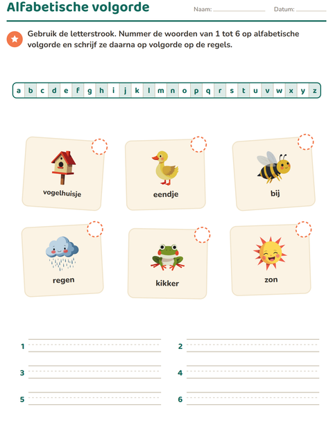 Voorbeeld van het Alfabetische volgorde-werkblad met Lente voor groep 3