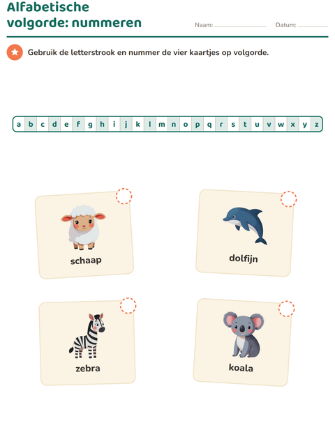Voorbeeld van het Alfabetische volgorde-werkblad met Dieren voor groep 3