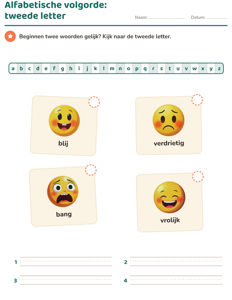 Voorbeeld van het Alfabetische volgorde-werkblad met Emoties voor groep 3
