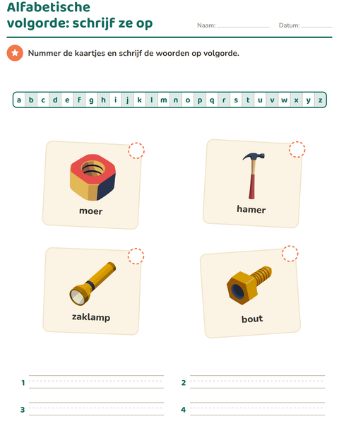 Voorbeeld van het Alfabetische volgorde-werkblad met Gereedschap voor groep 3
