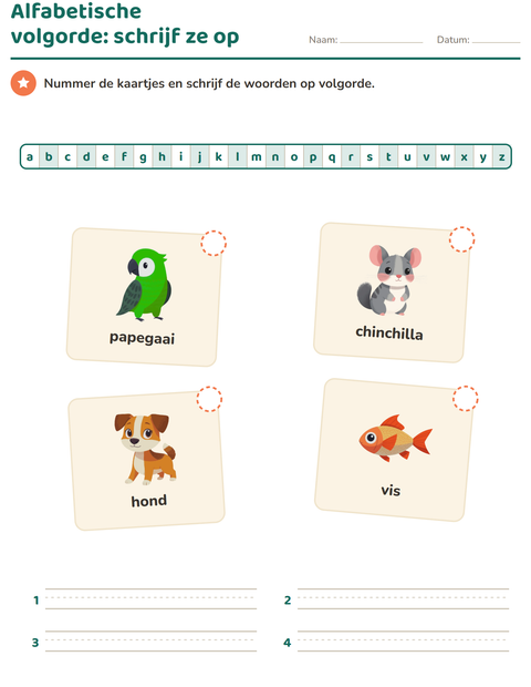 Voorbeeld van het Alfabetische volgorde-werkblad met Huisdieren voor groep 3