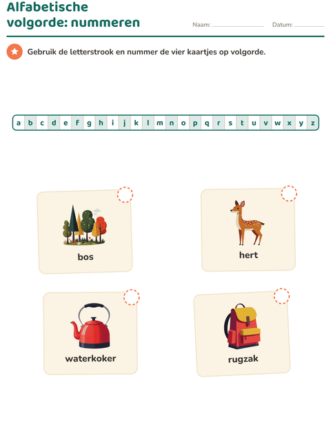 Voorbeeld van het Alfabetische volgorde-werkblad met Kamperen voor groep 3