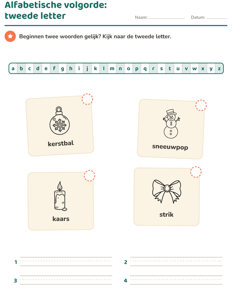 Voorbeeld van het Alfabetische volgorde-werkblad met Kerstmis Z/W voor groep 3