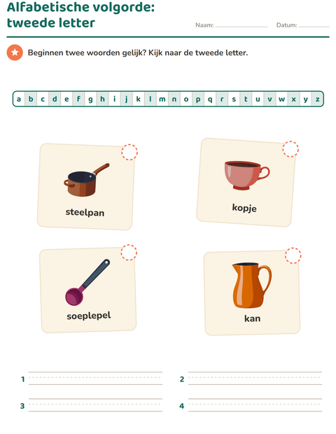 Voorbeeld van het Alfabetische volgorde-werkblad met Keukengerei voor groep 3