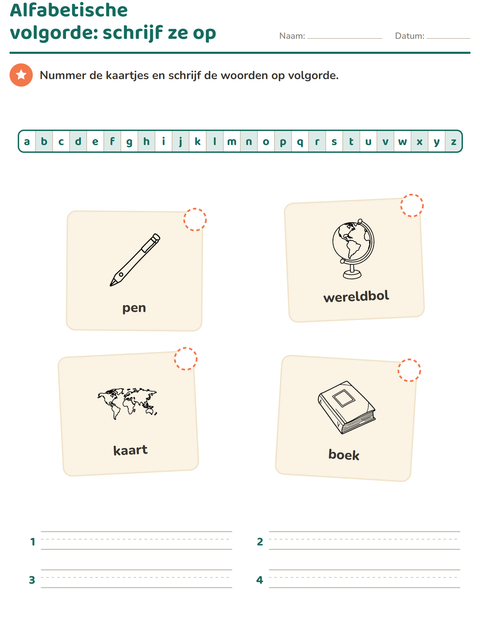 Voorbeeld van het Alfabetische volgorde-werkblad met Klaslokaal (Z/W) voor groep 3