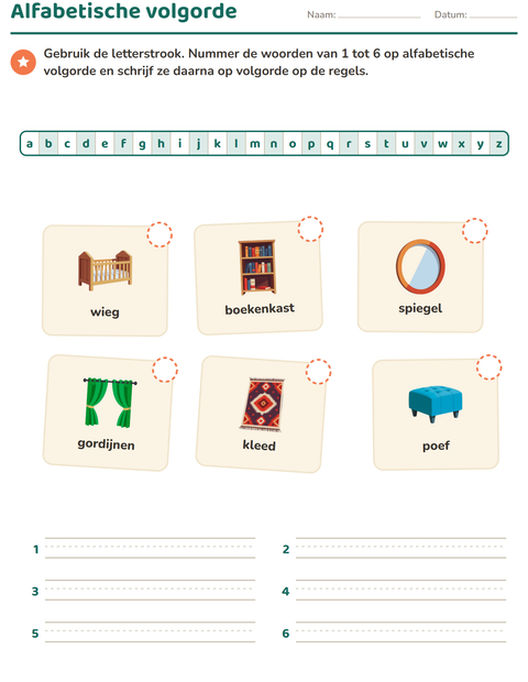 Voorbeeld van het Alfabetische volgorde-werkblad met Meubels voor groep 3