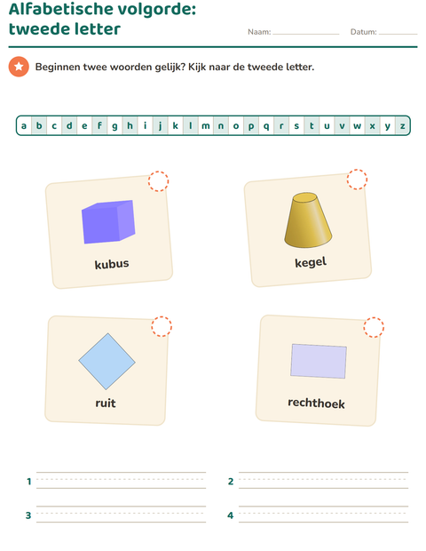 Voorbeeld van het Alfabetische volgorde-werkblad met Vormen voor groep 3