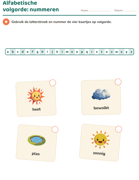 Voorbeeld van het Alfabetische volgorde-werkblad met Weer voor groep 3