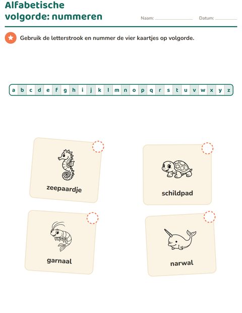 Voorbeeld van het Alfabetische volgorde-werkblad met Zeeleven ZW 2 voor groep 3