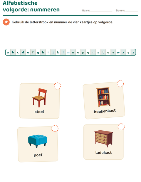 Voorbeeld van het Alfabetische volgorde-werkblad met Meubels voor groep 3