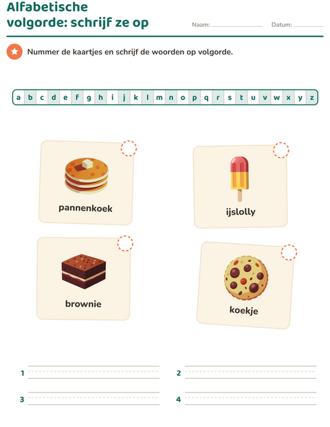 Voorbeeld van het Alfabetische volgorde-werkblad met Desserts en snoep voor groep 3