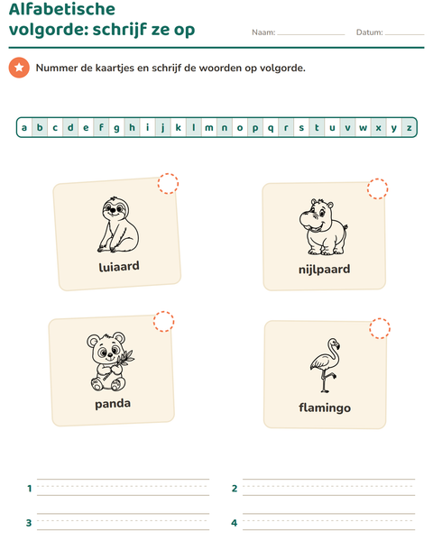 Voorbeeld van het Alfabetische volgorde-werkblad met Dierentuindieren ZW voor groep 3