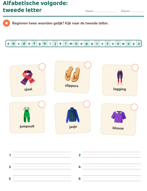 Voorbeeld van het Alfabetische volgorde-werkblad met Kleding voor groep 3