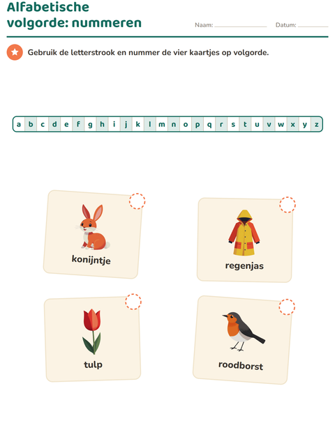 Voorbeeld van het Alfabetische volgorde-werkblad met Lente voor groep 3
