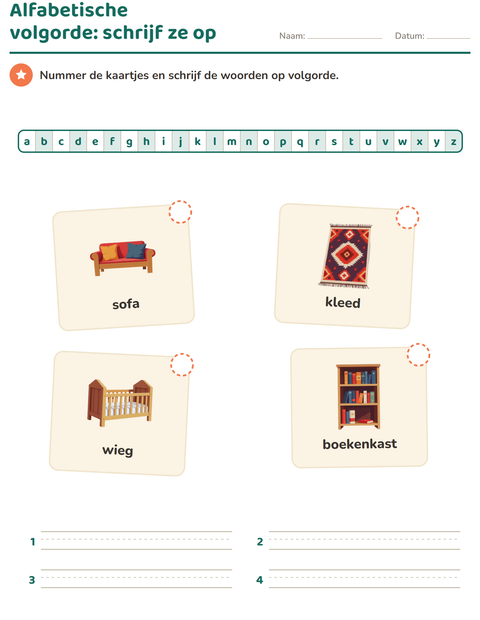 Voorbeeld van het Alfabetische volgorde-werkblad met Meubels voor groep 3