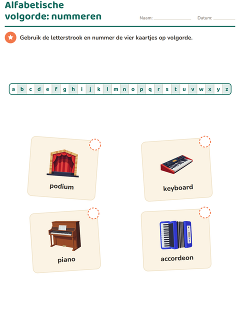 Voorbeeld van het Alfabetische volgorde-werkblad met Muziek voor groep 3