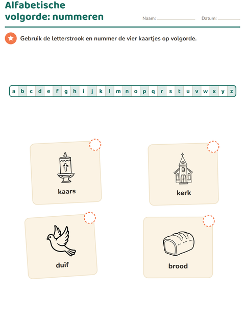 Voorbeeld van het Alfabetische volgorde-werkblad met Pasen ZW voor groep 3