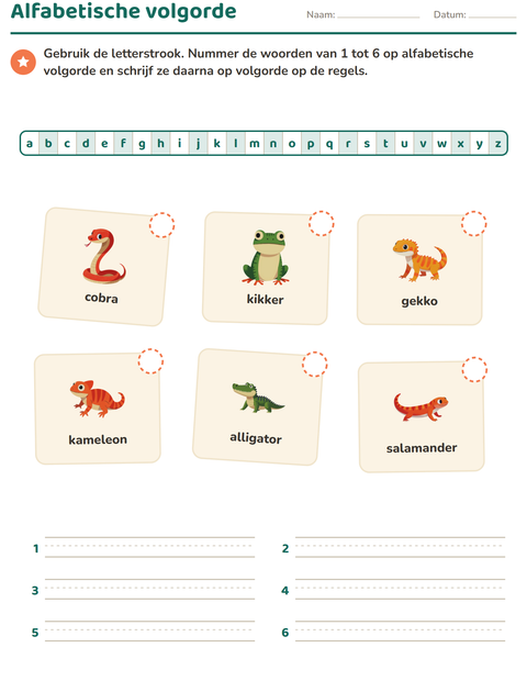 Voorbeeld van het Alfabetische volgorde-werkblad met Reptielen en amfibieën voor groep 3