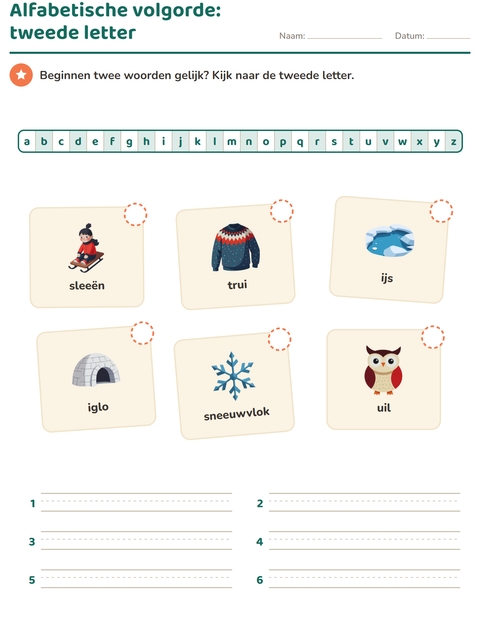 Voorbeeld van het Alfabetische volgorde-werkblad met Winter voor groep 3