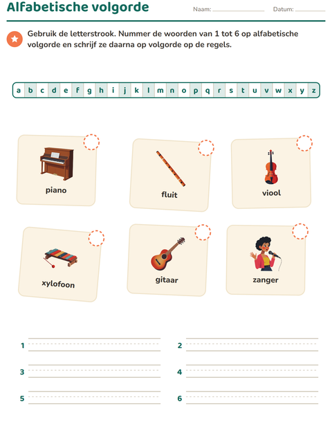 Voorbeeld van het Alfabetische volgorde-werkblad met Muziek voor groep 3