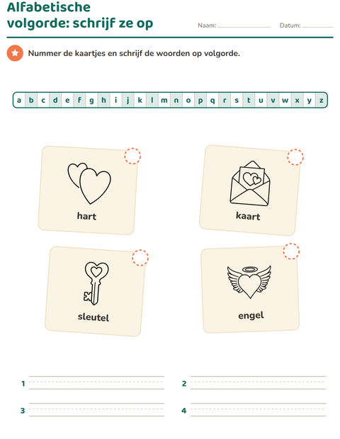 Voorbeeld van het Alfabetische volgorde-werkblad met Valentijnsdag ZW voor groep 3