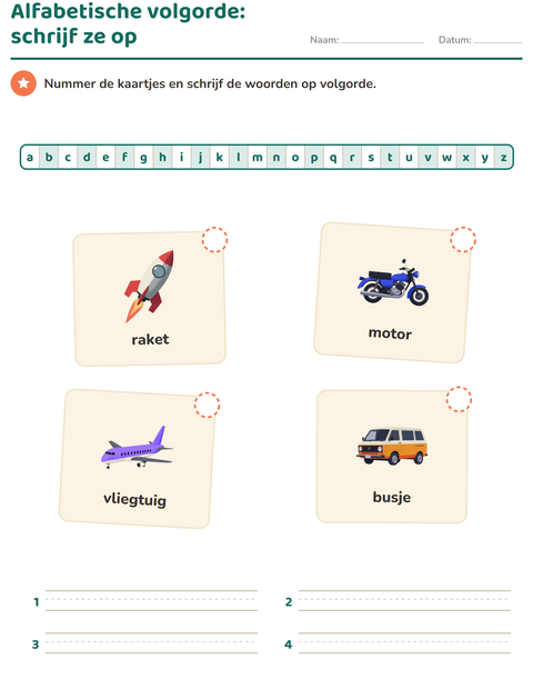 Alfabetische volgorde: eerst nummeren, dan de woorden opschrijven