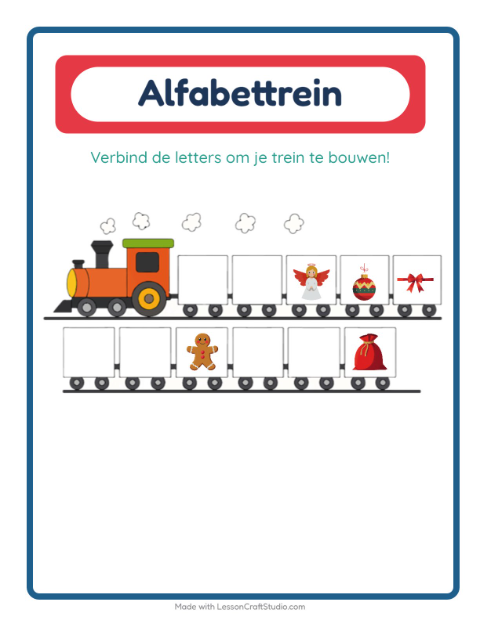 Voorbeeld van het Alfabettrein-werkblad met Kerstmis voor peuterklas