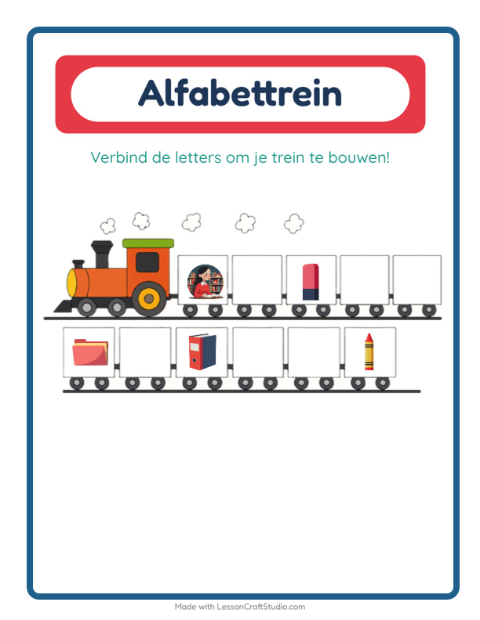 Voorbeeld van het Alfabettrein-werkblad met Klaslokaal voor peuterklas