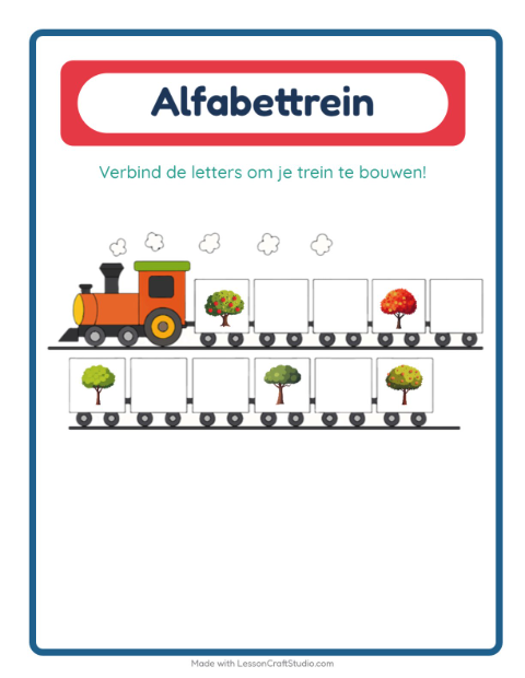 Voorbeeld van het Alfabettrein-werkblad met Bomen voor peuterklas