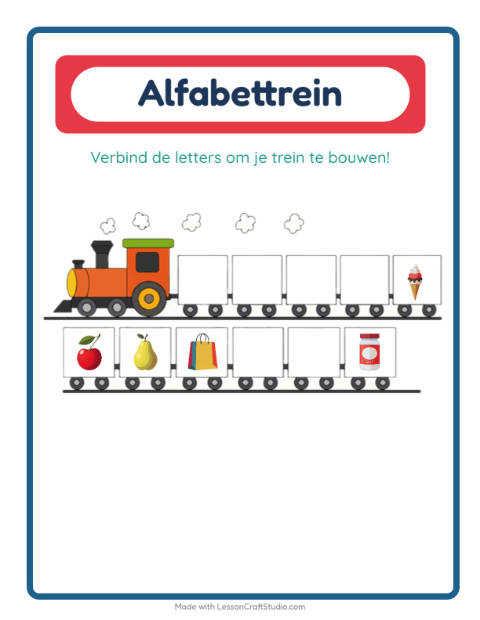 Voorbeeld van het Alfabettrein-werkblad met In de supermarkt voor peuterklas