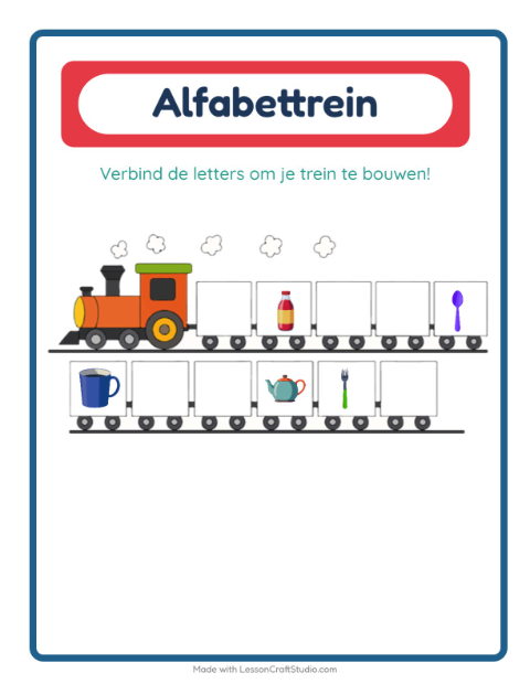 Voorbeeld van het Alfabettrein-werkblad met Keukengerei voor peuterklas