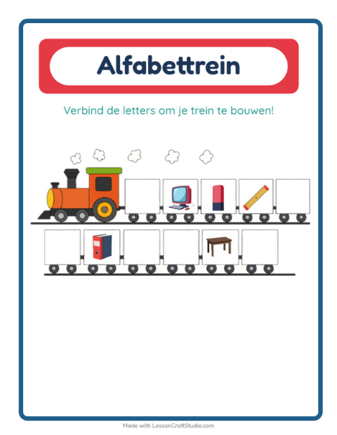 Voorbeeld van het Alfabettrein-werkblad met Klaslokaal voor peuterklas