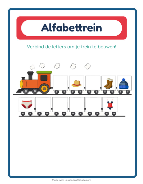 Voorbeeld van het Alfabettrein-werkblad met Kleding voor peuterklas
