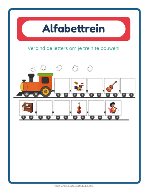 Voorbeeld van het Alfabettrein-werkblad met Muziek voor peuterklas