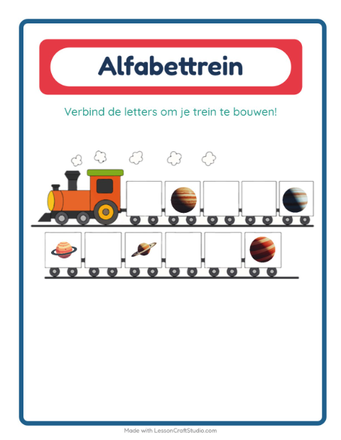 Voorbeeld van het Alfabettrein-werkblad met Ruimte voor peuterklas