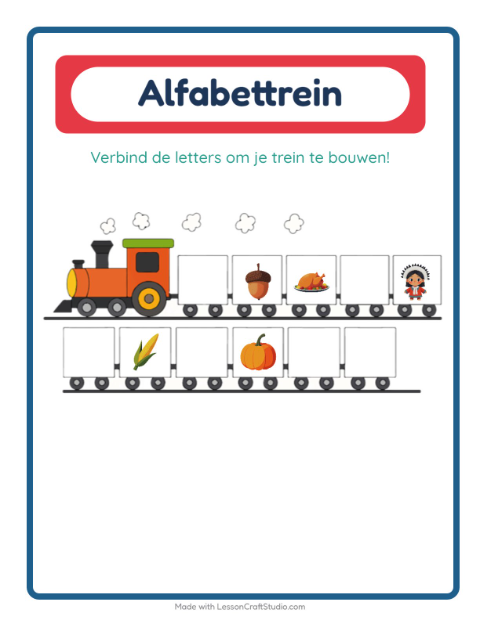Voorbeeld van het Alfabettrein-werkblad met Thanksgiving voor peuterklas