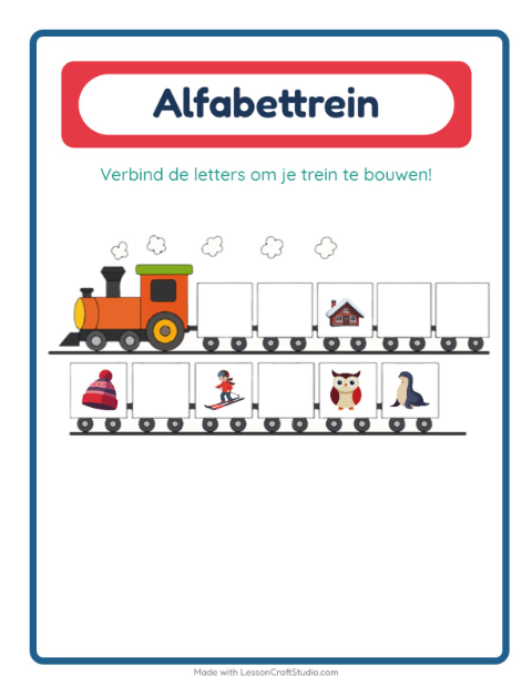 Voorbeeld van het Alfabettrein-werkblad met Winter voor peuterklas