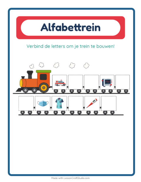 Voorbeeld van het Alfabettrein-werkblad met Ziekenhuis voor peuterklas