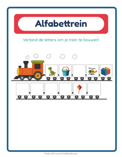 Voorbeeld van het Alfabettrein-werkblad met Speelgoed voor peuterklas