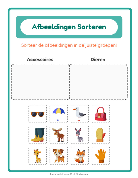 Voorbeeld van Plaatjes sorteren: Accessoires en Dieren – werkblad voor kleuters
